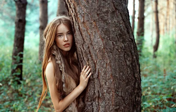 Лес, девушка, деревья, природа, дерево, веснушки, ствол, коса