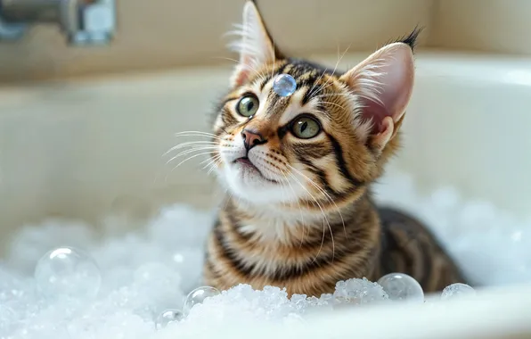 Кошка, взгляд, пена, поза, котенок, серый, купание, мыльные пузыри