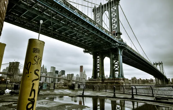 Картинка мост, река, здания, лужа, Bridge, Manhattan