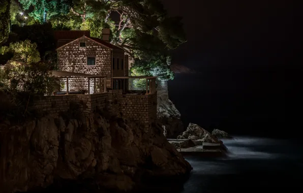 Море, свет, ночь, скала, дом, Dubrovnik, Villa Agave