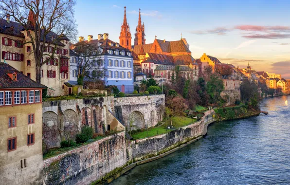 Река, дома, Швейцария, набережная, Basel