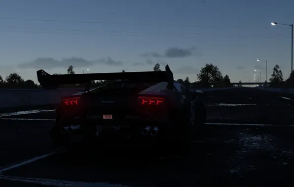 Дорога, ночь, столбы, вечер, Lamborghini, сзади, The Crew