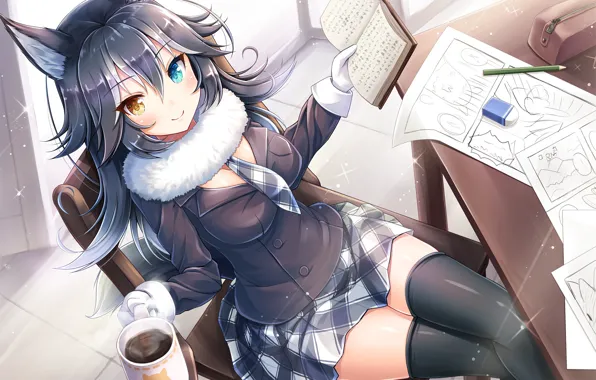 Девушка, книги, кружка, неко, сидит, ушки, anime, art