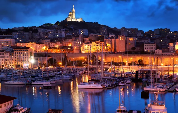 Картинка ночь, огни, река, Франция, яхты, лодки, фонари, катера