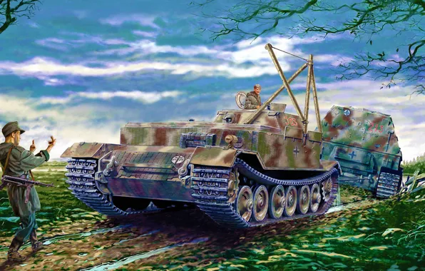 War, art, painting, tank, ww2, Bergepanzer Tiger Porsche