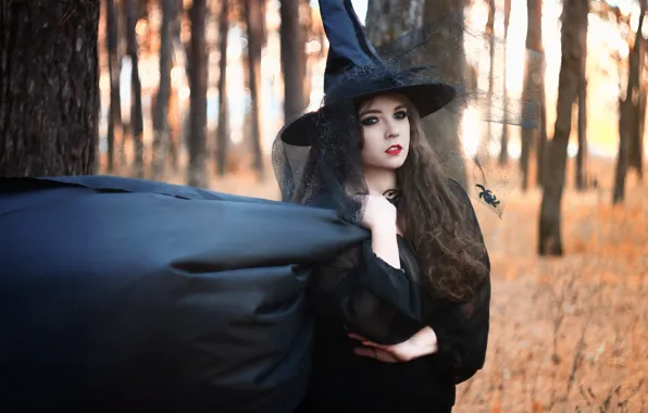 Лес, девушка, черное, мантия, girl, ведьма, magic, black