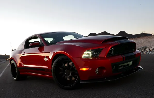 Ford, Shelby, GT500, Красный, Дорога, Черный, Колеса, Машина