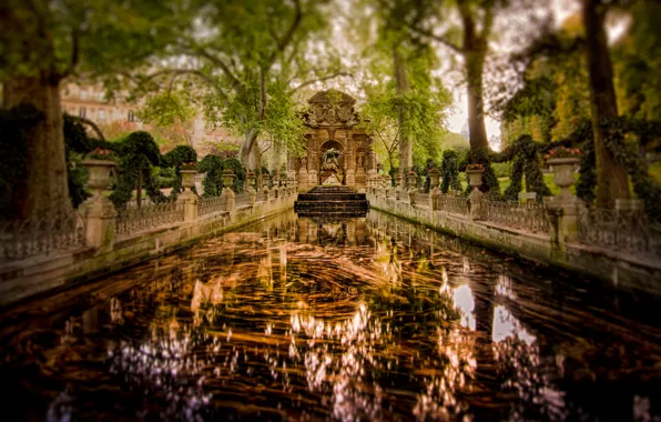 Картинка деревья, отражение, Франция, Париж, сад, зеркало, фонтан Медичи
