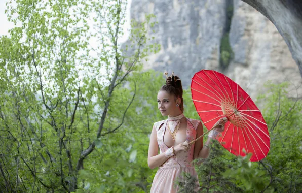 Картинка girl, sexy, cleavage, long hair, dress, nature, boobs, umbrella