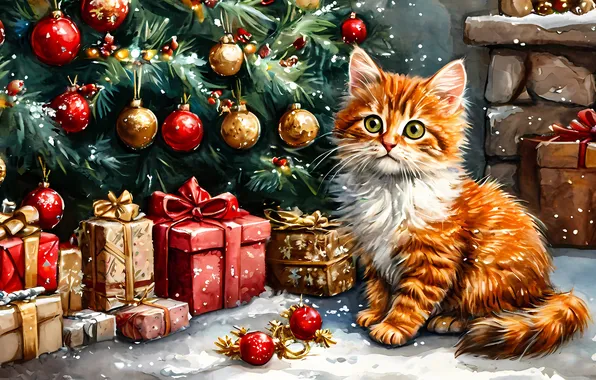 Зима, кошка, взгляд, шарики, снег, ветки, поза, камни
