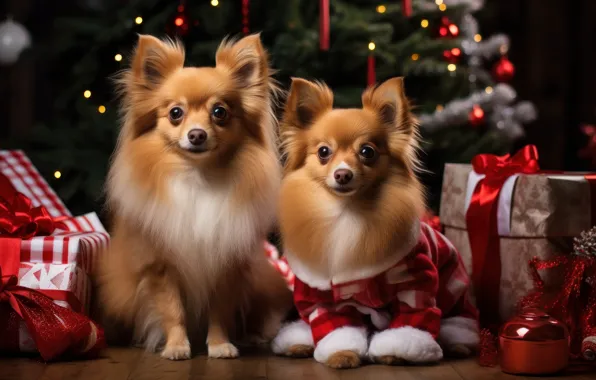 Картинка собака, взгляд, новогодние украшения, подарки, мордашки, собаки, ИИ-арт, парочка