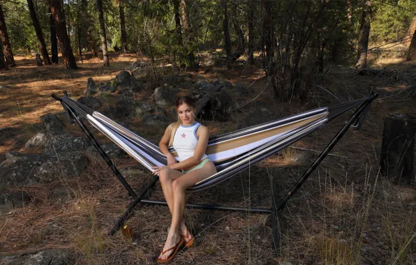 Forest, long hair, trees, nature, brunette, countryside, gorgeous, hammock