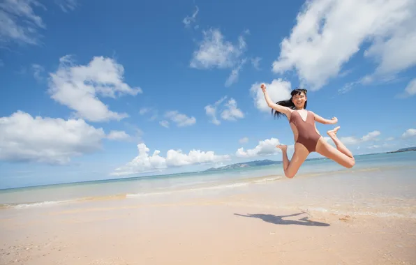 Swimsuit, Clouds, Sky, Beautiful, Asian, Model, Coast, Water