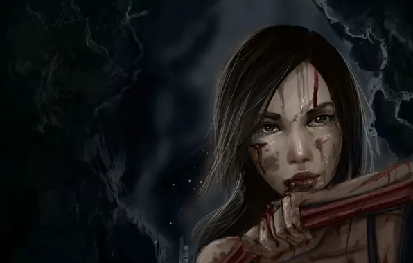 Девушка, лицо, кровь, арт, Lara Croft, раны