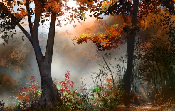 Осень, лес, деревья, арт, нарисованный пейзаж