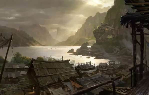 Картинка горы, мост, река, дома, деревня, арт, нарисованный пейзаж