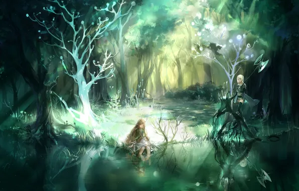Картинка лес, вода, деревья, оружие, девушки
