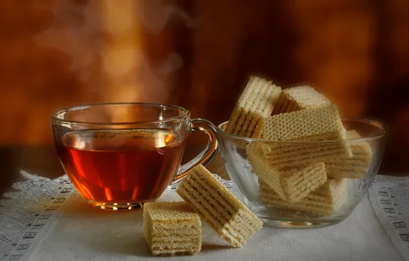 Чай, чашка, вафли
