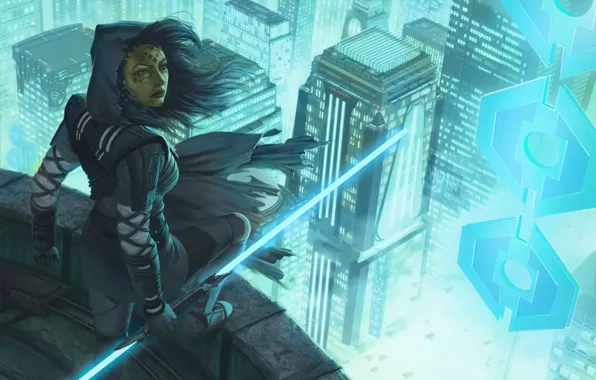 Город, Неон, Star Wars, Girl, Меч, City, Fantasy, Боец