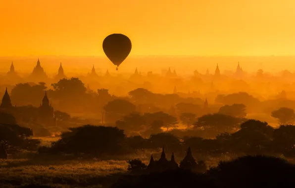 Деревья, воздушный шар, архитектура, силуэты, храмы, Myanmar, Bagan