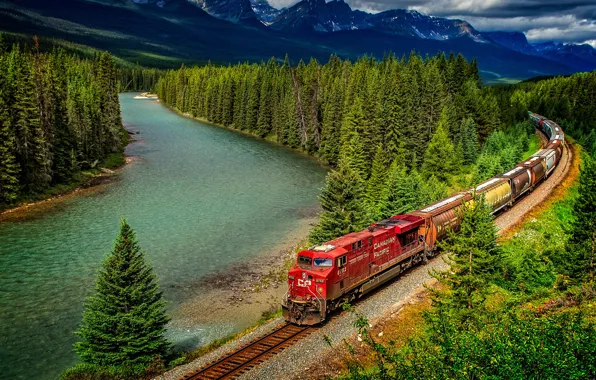 Картинка лес, деревья, горы, природа, река, поезд, Канада, железная дорога