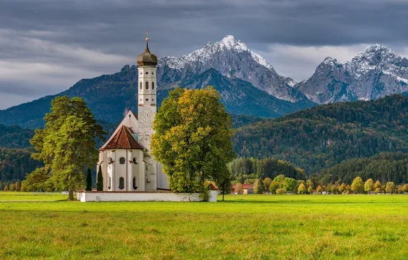 Осень, лес, деревья, горы, Германия, Бавария, Альпы, церковь