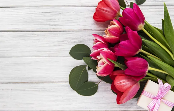 Цветы, подарок, букет, colorful, тюльпаны, wood, flowers, tulips