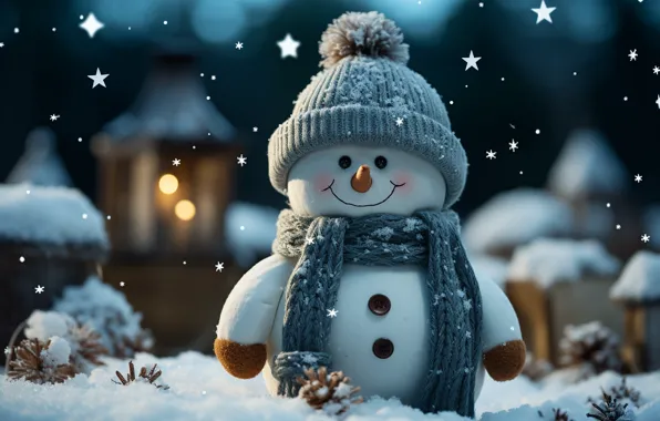 Зима, снег, Новый Год, Рождество, снеговик, happy, Christmas, night