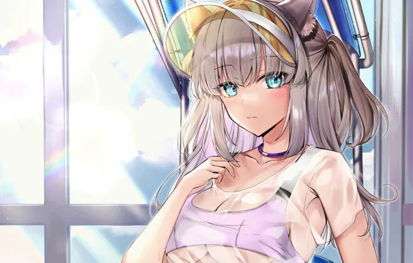 Girl, sexy, cleavage, green eyes, long hair, boobs, animal ears, anime