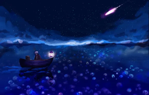 Картинка ночь, мальчик, Лодка, фонарь