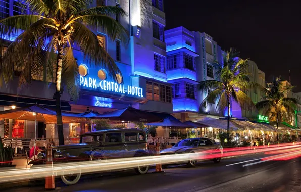 Картинка ночь, огни, Майами, Miami, vice city, South Beach, Park Central Hotel