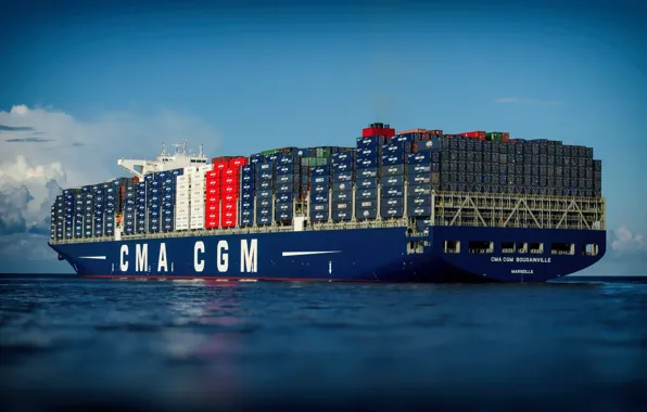 Море, Судно, Контейнеровоз, CMA CGM, Корма, Vessel, Грузовое судно, Container Ship