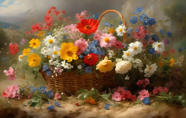 Цветы, рисунок, ромашки, красота, букет, картина, желтые, красные
