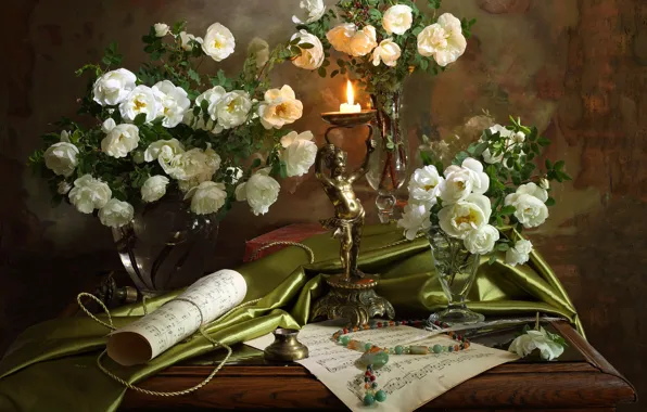 Ноты, розы, свеча, ожерелье, натюрморт, свиток, чернильница