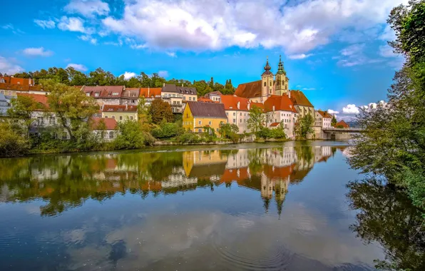 Картинка вода, пейзаж, отражение, река, здания, Австрия, Austria, Steyr