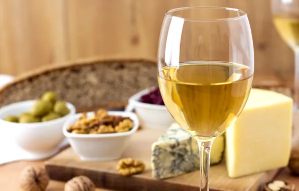 Вино, белое, бокал, сыр, орехи, оливки