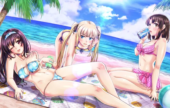 Girl, sexy, cleavage, beach, long hair, sea, boobs, anime