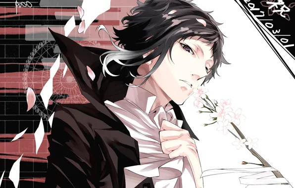 Взгляд, цветы, фон, парень, Bungou Stray Dogs, Бродячие Псы: Литературные Гении, Акутагава Рюноске, Akutagawa Ryuunosuke