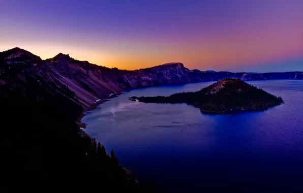 Закат, горы, озеро, остров, USA, Oregon, Crater Lake