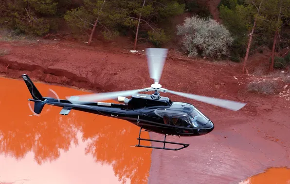 Полет, озеро, вертолет, оранжевое, Eurocopter