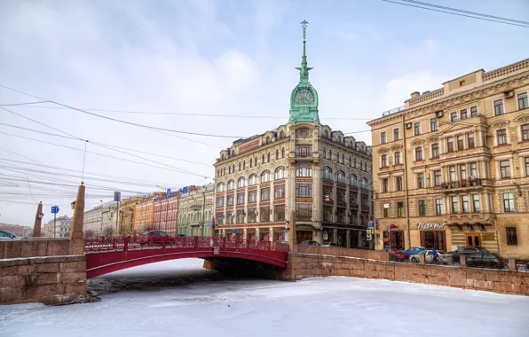 Лед, зима, небо, мост, река, HDR, дома, Санкт-Петербург