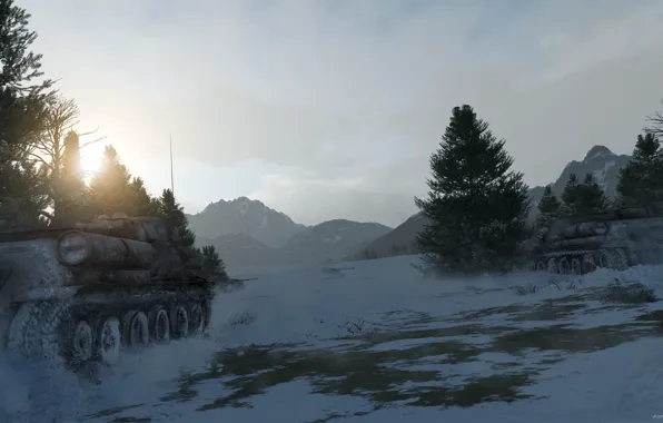 Лес, снег, арт, танк, су-100, Советский Танк, War thunder, hibikirus