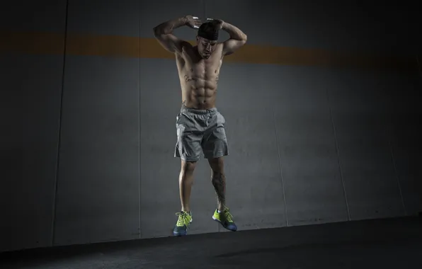 Training, abs, constancy, man jumping
