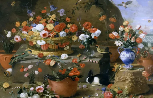 Картинка животные, птицы, корзина, картина, ваза, Натюрморт с Цветами, Ян ван Кессель Старший