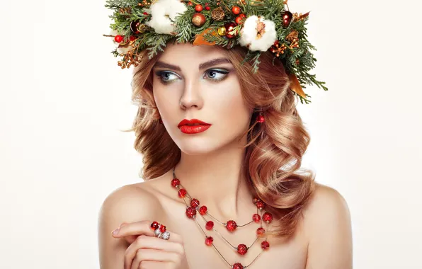 Картинка украшения, портрет, макияж, прическа, белый фон, шатенка, красотка, венок