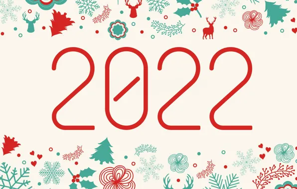 Снежинки, праздник, елки, новый год, цифры, белый фон, олени, Happy New Year