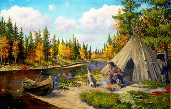 Картинка природа, река, лодка, собака, арт, тайга, охотник, Андрей Лях