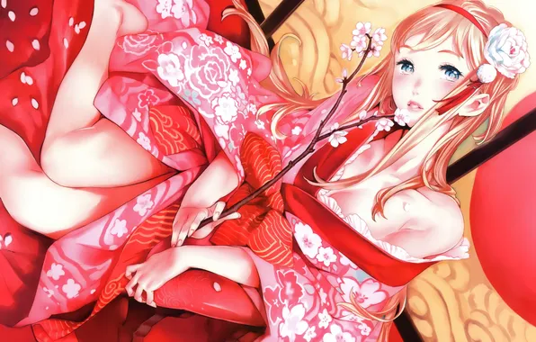 Картинка девушка, вишня, ветка, кимоно, nishieda