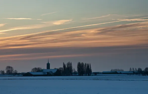 Картинка зима, поле, закат, храм