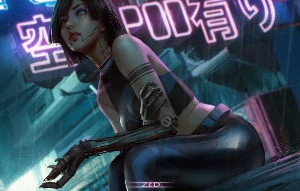 City, girl, alone, cyberpunk, tatoo, eye, sitting, arm
